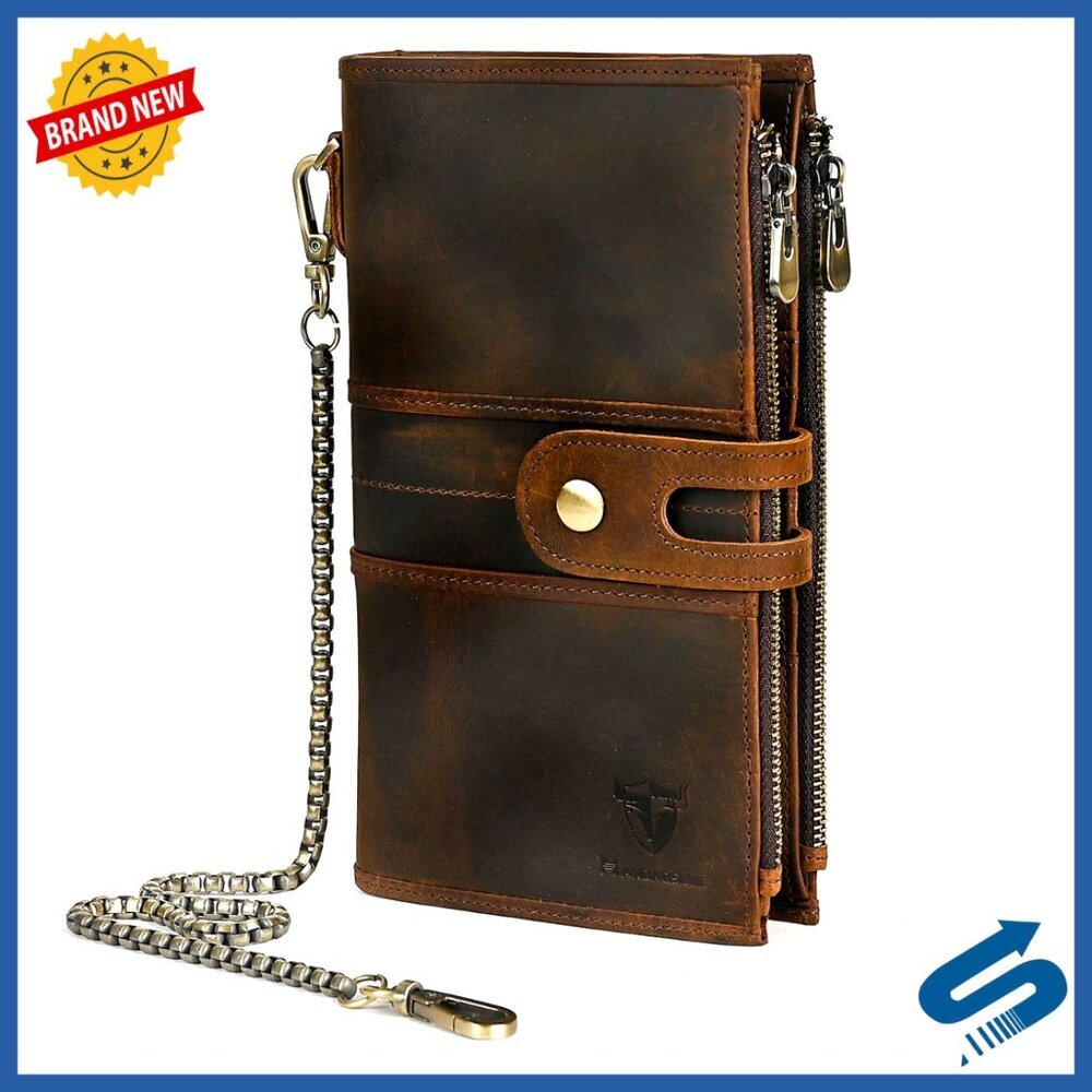 Genuine Crazy Horse Leather RFID Blocking Wallet with Chain and Zipper Pocket